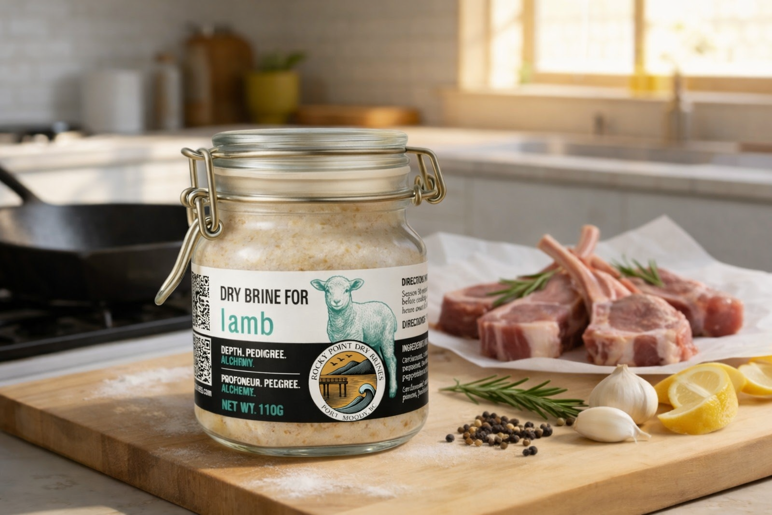 Premium RP dry brine along side lamb chops in butcher paper on a wooden cutting board.