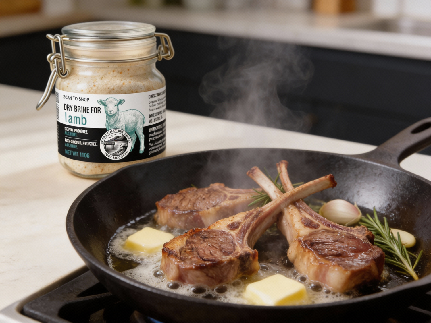Premium dry brined pan fried lamb chop in herbs and butter showing professional sear