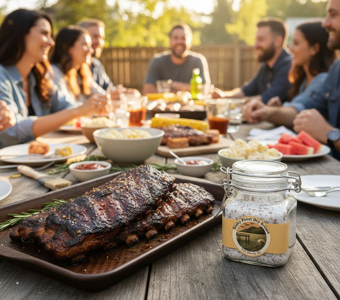 Premium dry brined BBQ back ribs on a baking sheet beside RP dry brine classic flip top jar at backyard gathering.
